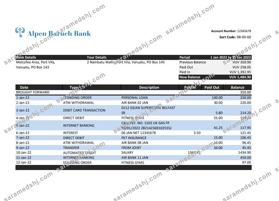 Vanuatu Alpen Baruch Bank statement